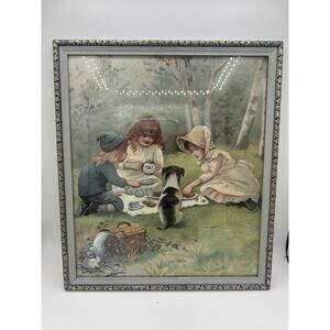 Litho Art Print Victorian Children Playing Tea Party Framed